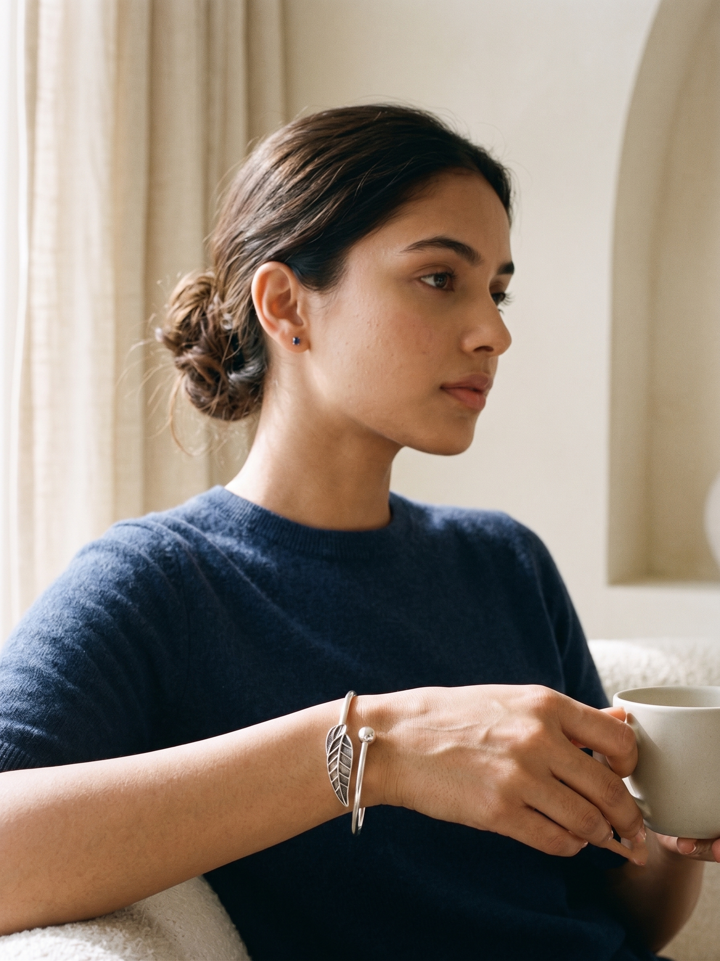 Sylva Textured Leaf & Sphere Open Bangle