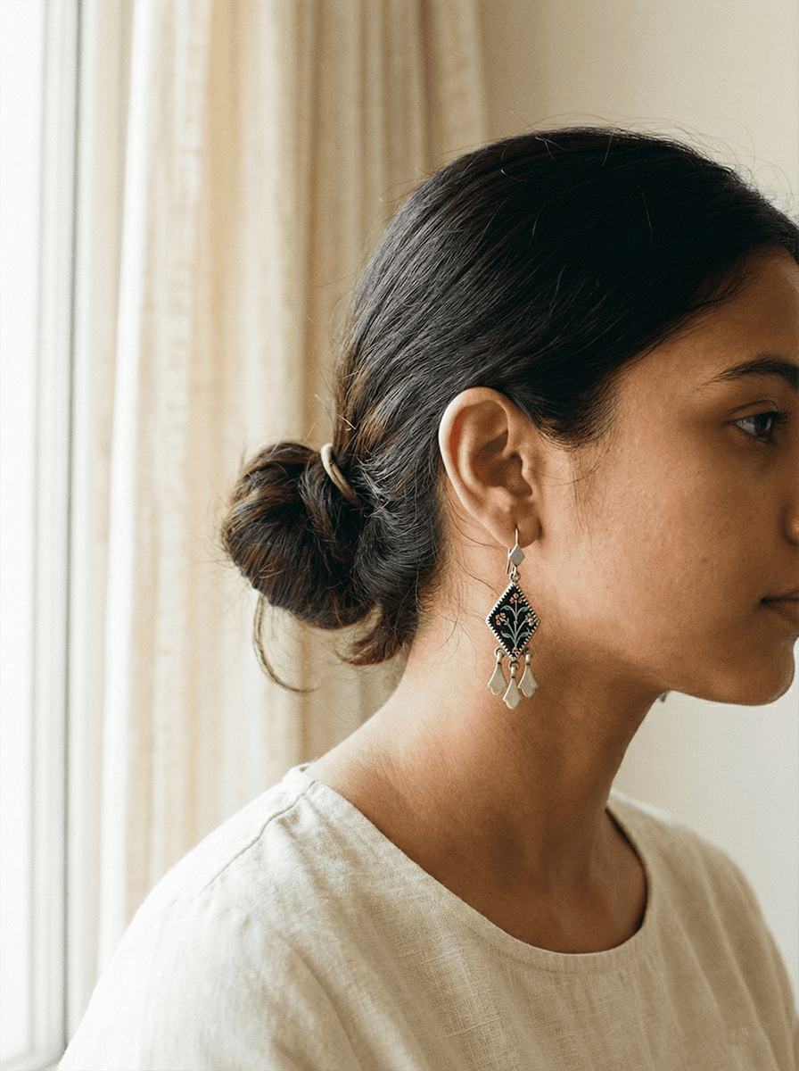 Gul-e-Noor Hand-Painted Floral Rhombus Earrings