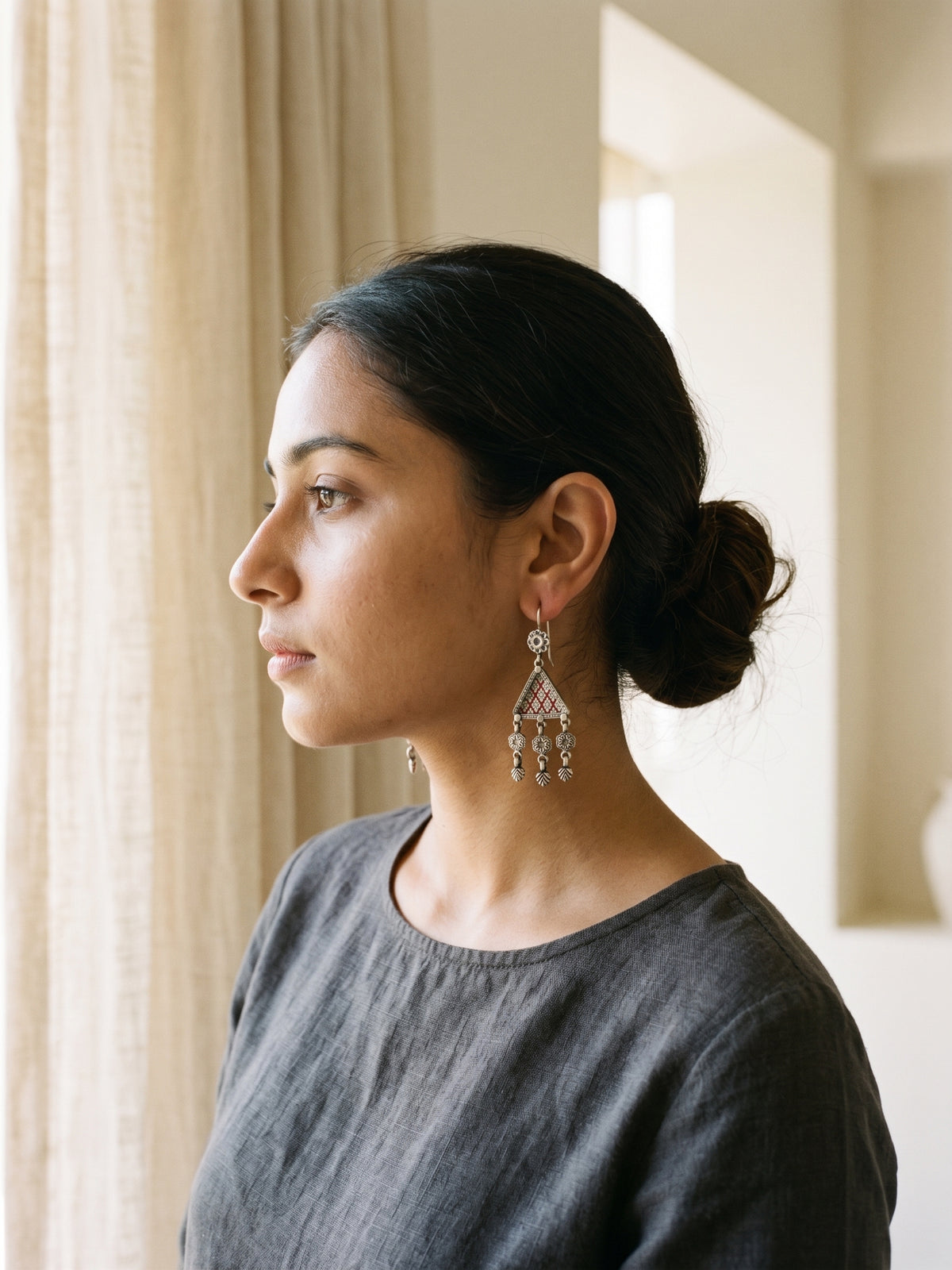 Crimson Trellis Hand-Painted Triangular Earrings