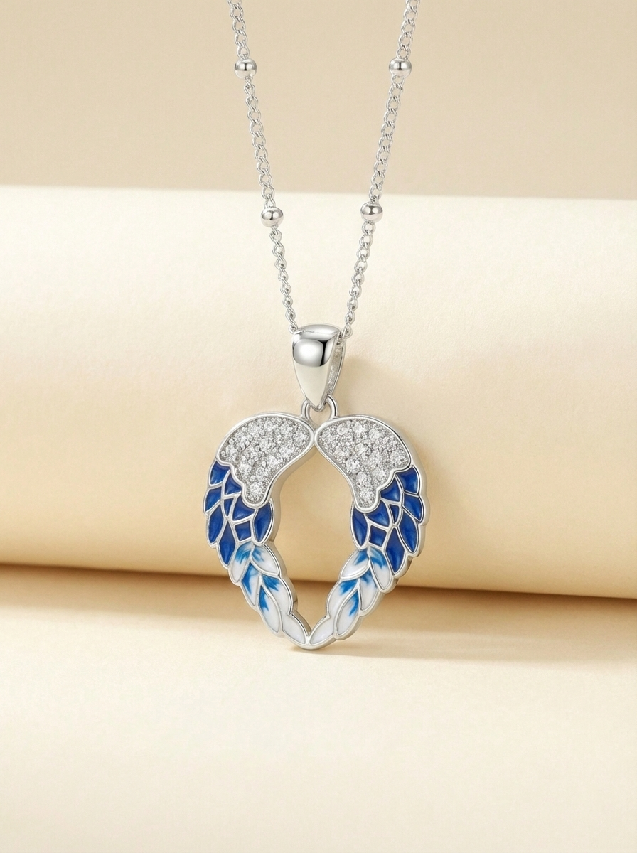 Azure Seraphic Wings Heart Necklace