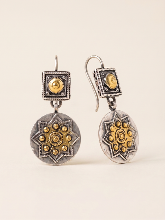 Aurora Antiqued Starburst & Fluted Dome Dangle Earrings
