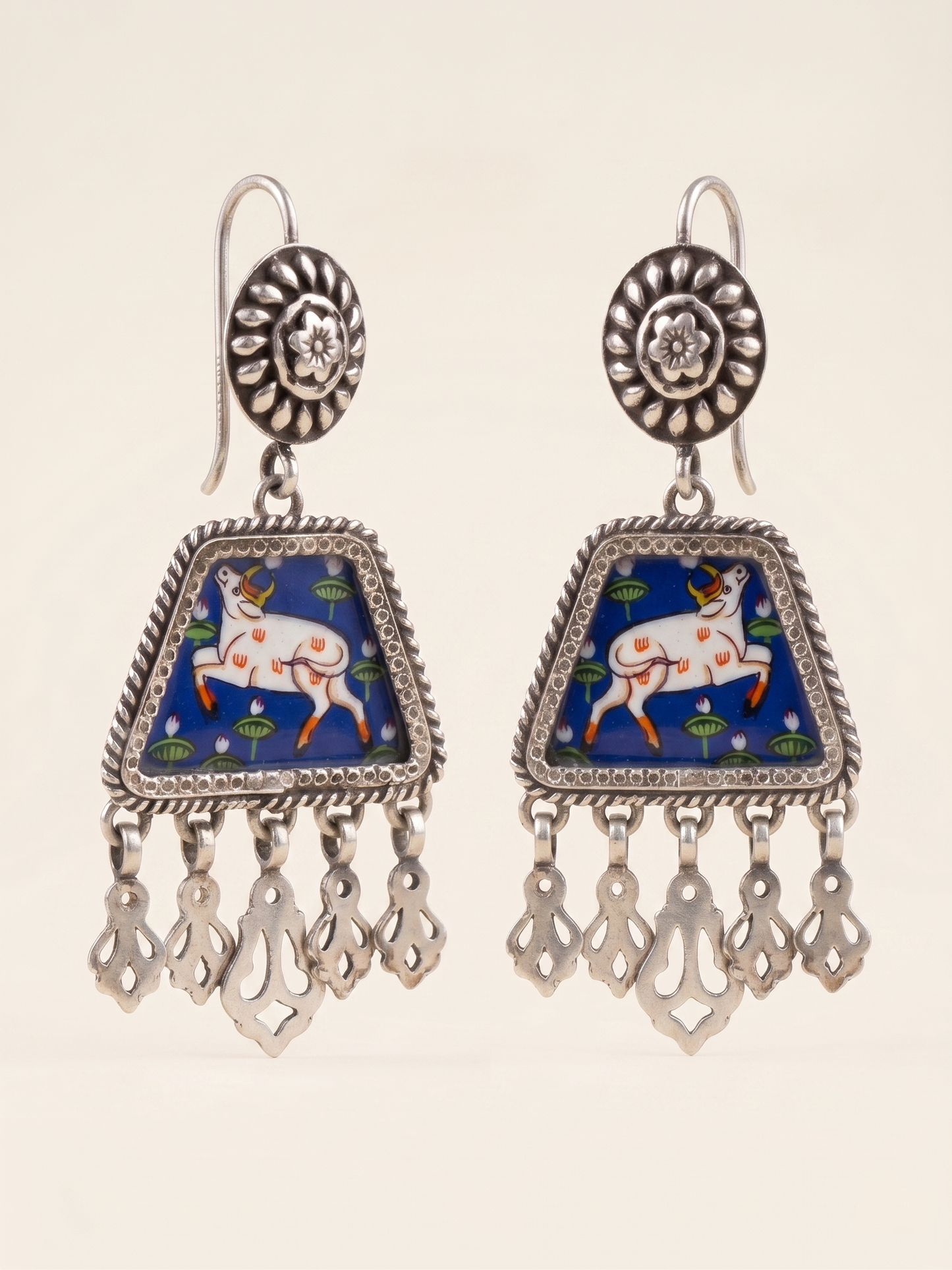 Azure Nandi Hand-Painted Pichwai Earrings