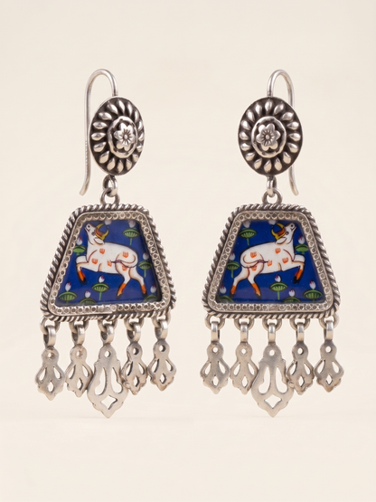 Azure Nandi Hand-Painted Pichwai Earrings