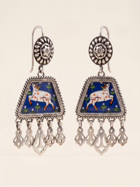 Azure Nandi Hand-Painted Pichwai Earrings