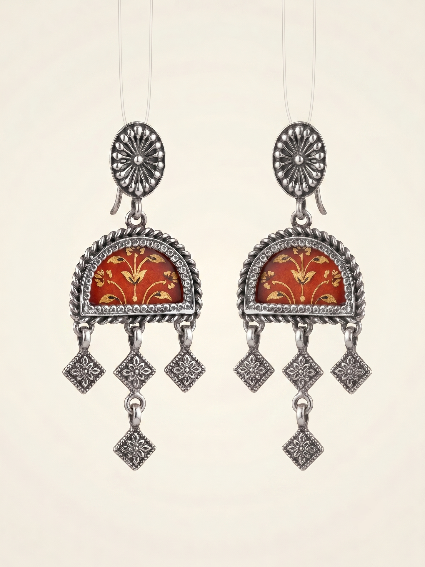 Crimson Vine Hand-Painted Arch Earrings
