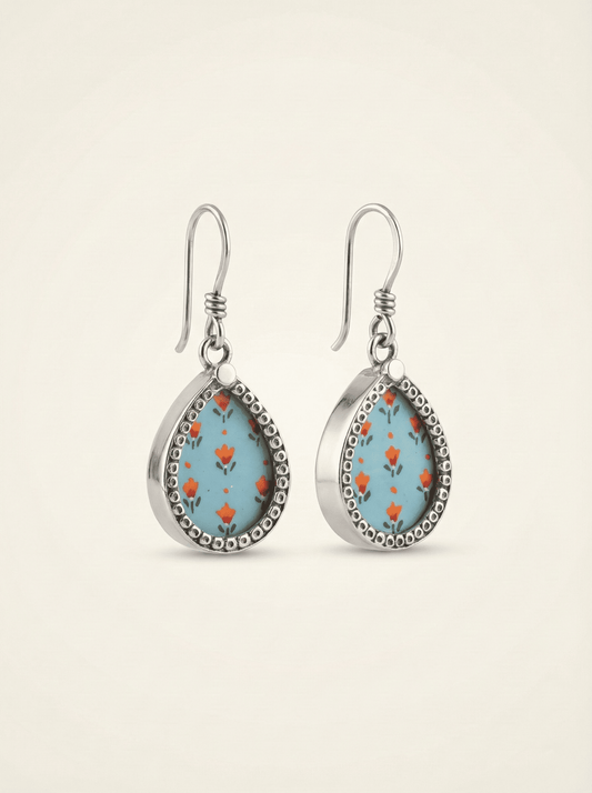 Azure Bloom Hand-Painted Floral Teardrop Earrings