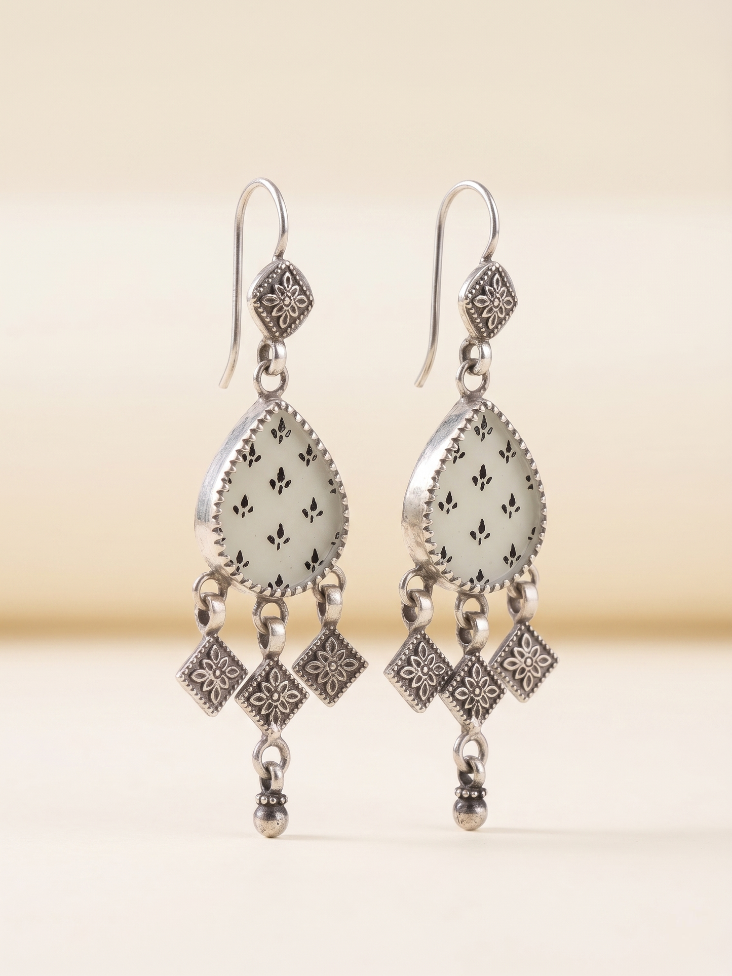 Ivory Noir Hand-Painted Teardrop Chandelier Earrings