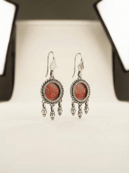 Hand-Painted Crimson Floral Silver Tassel Earrings