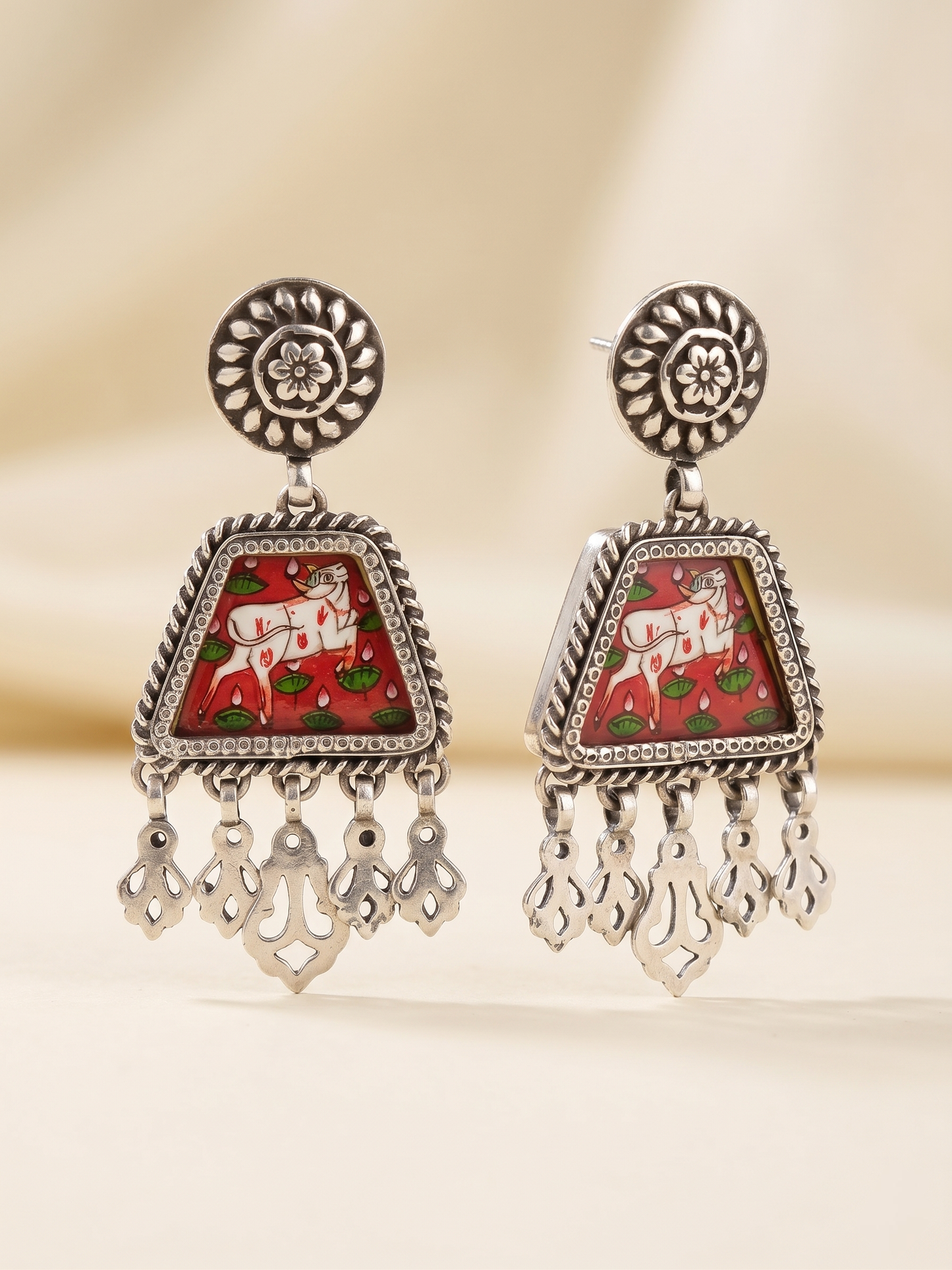 Kamadhenu Heritage Hand-Painted Pichwai Art Earrings