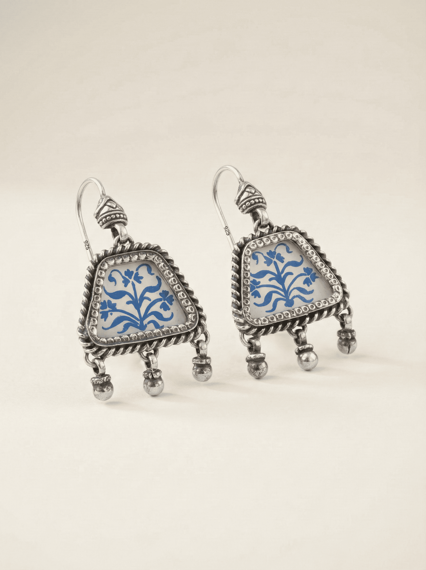 The Cobalt Garden: Hand-Painted Floral Ceramic Silver Drop Earrings
