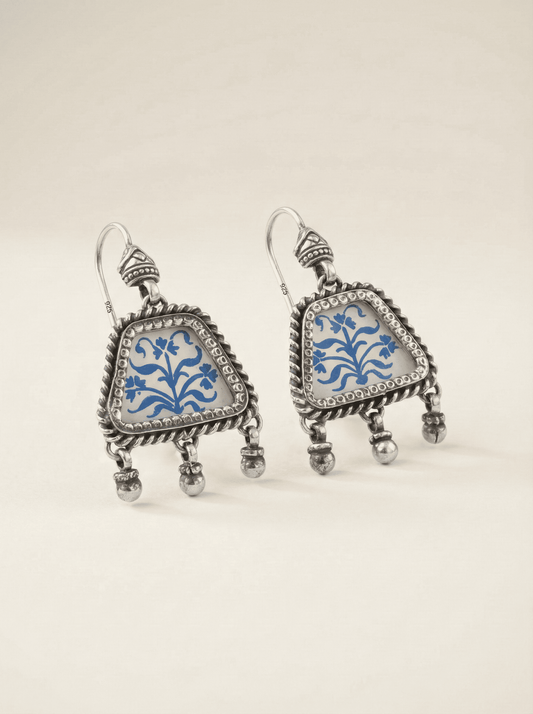 The Cobalt Garden: Hand-Painted Floral Ceramic Silver Drop Earrings
