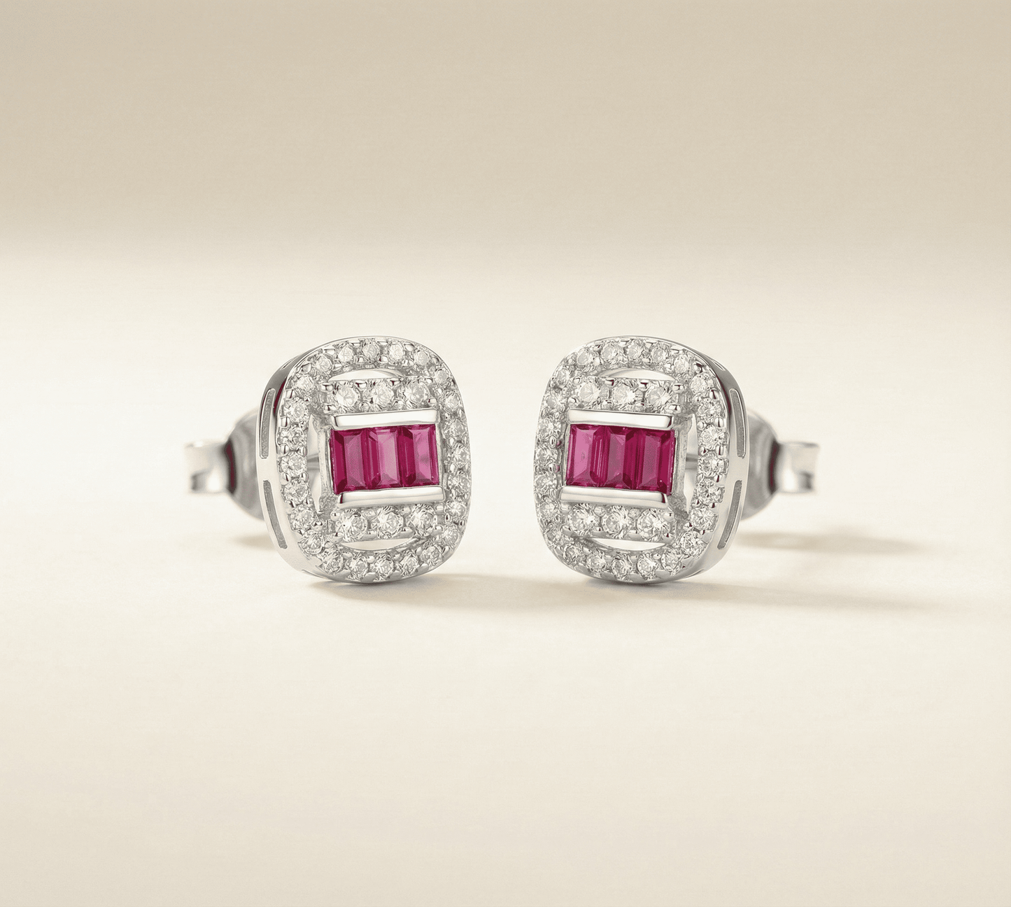 Cerise Baguette Halo Studs