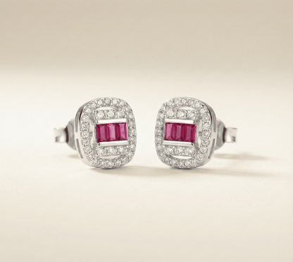 Cerise Baguette Halo Studs