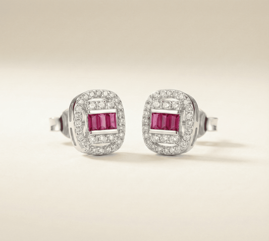 Cerise Baguette Halo Studs