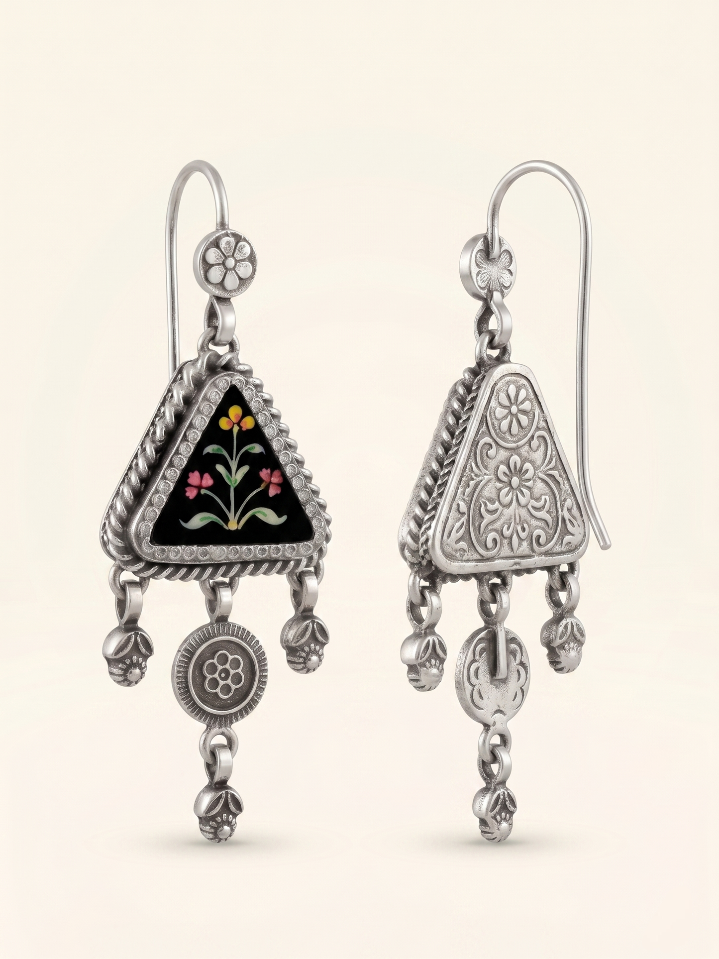 Heritage Hand-Painted Floral Triangle Earrings