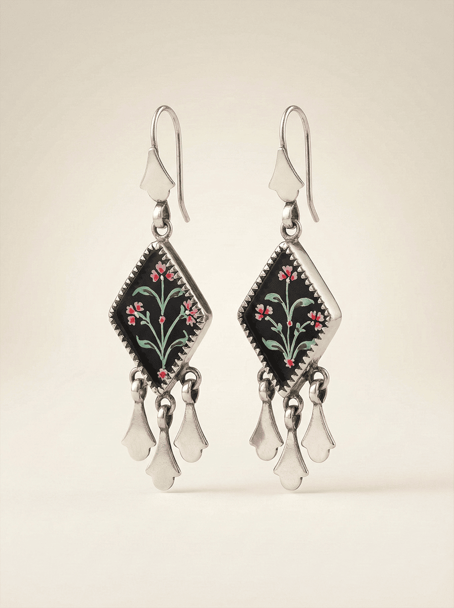 Gul-e-Noor Hand-Painted Floral Rhombus Earrings