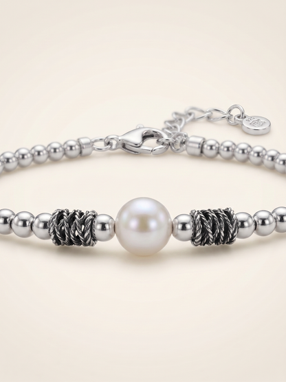 Lumina Pearl & Textured Silver Beaded Bracelet