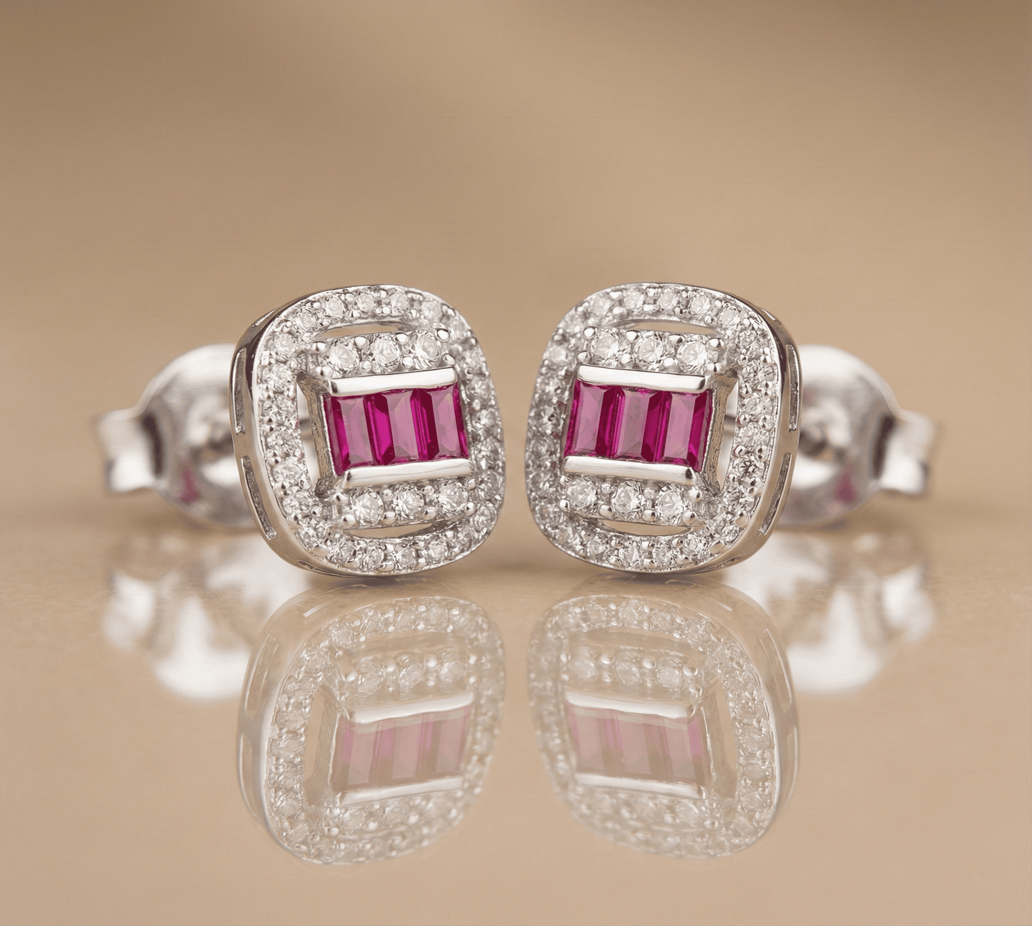 Cerise Baguette Halo Studs