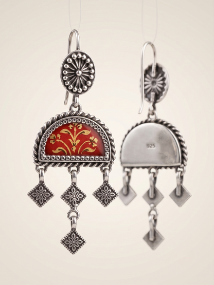 Crimson Vine Hand-Painted Arch Earrings