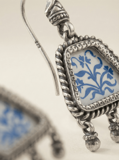 The Cobalt Garden: Hand-Painted Floral Ceramic Silver Drop Earrings