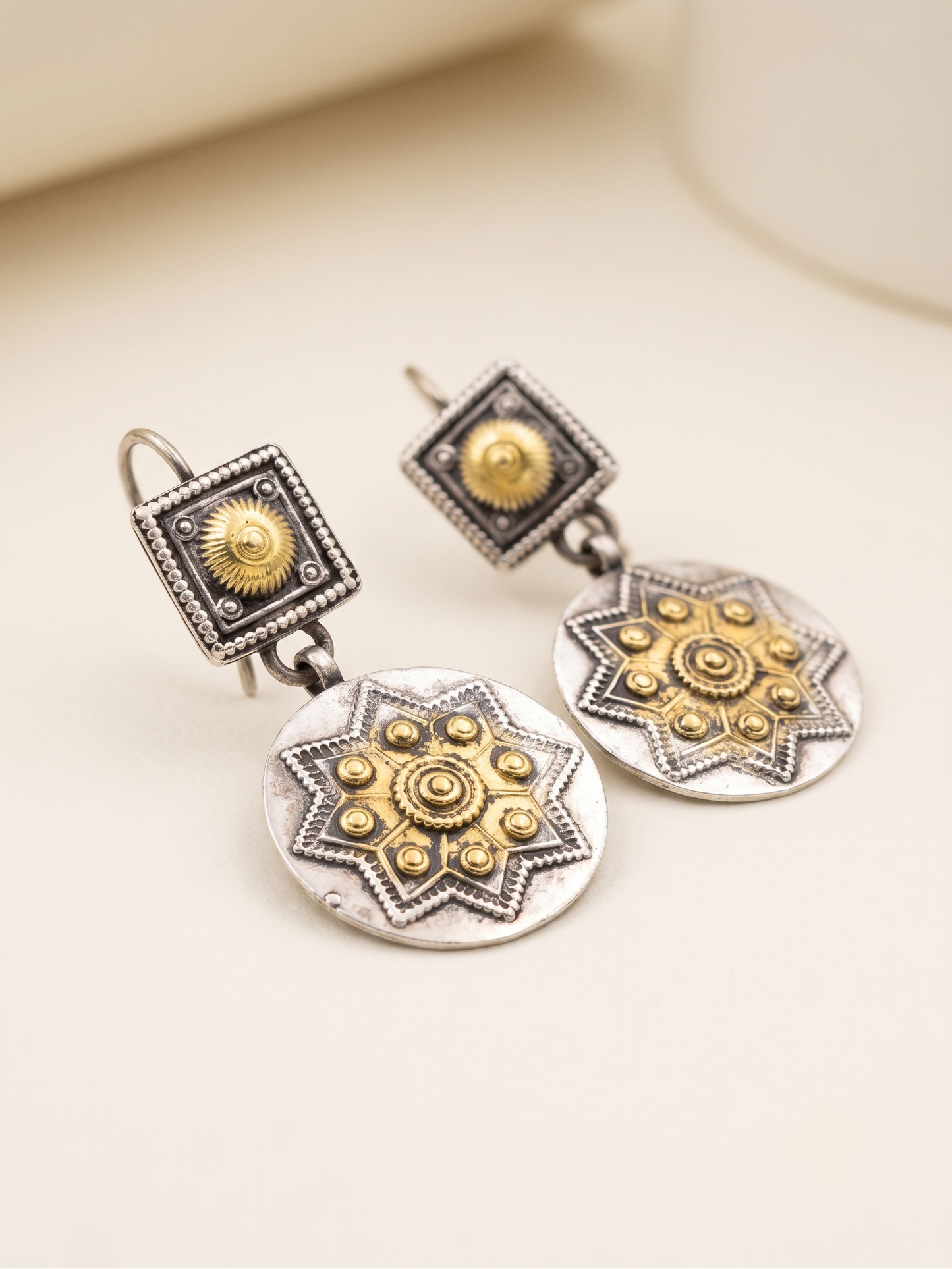 Aurora Antiqued Starburst & Fluted Dome Dangle Earrings