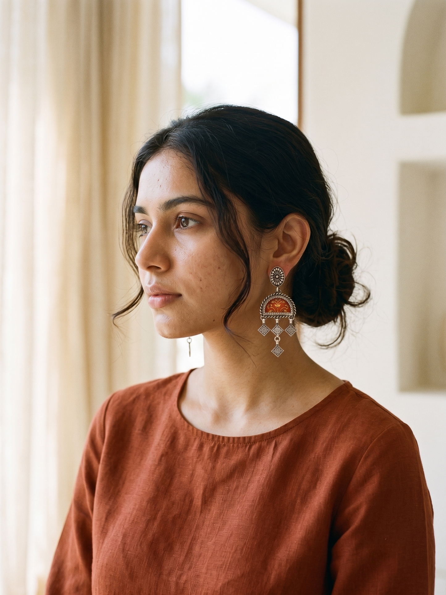 Crimson Vine Hand-Painted Arch Earrings