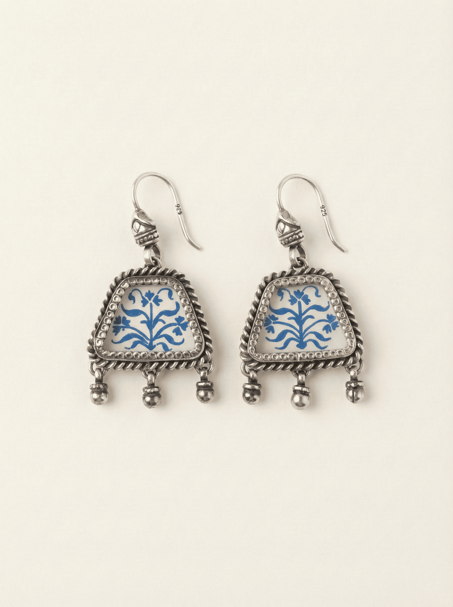 The Cobalt Garden: Hand-Painted Floral Ceramic Silver Drop Earrings