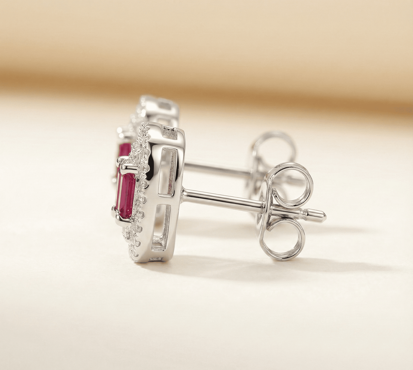 Cerise Baguette Halo Studs