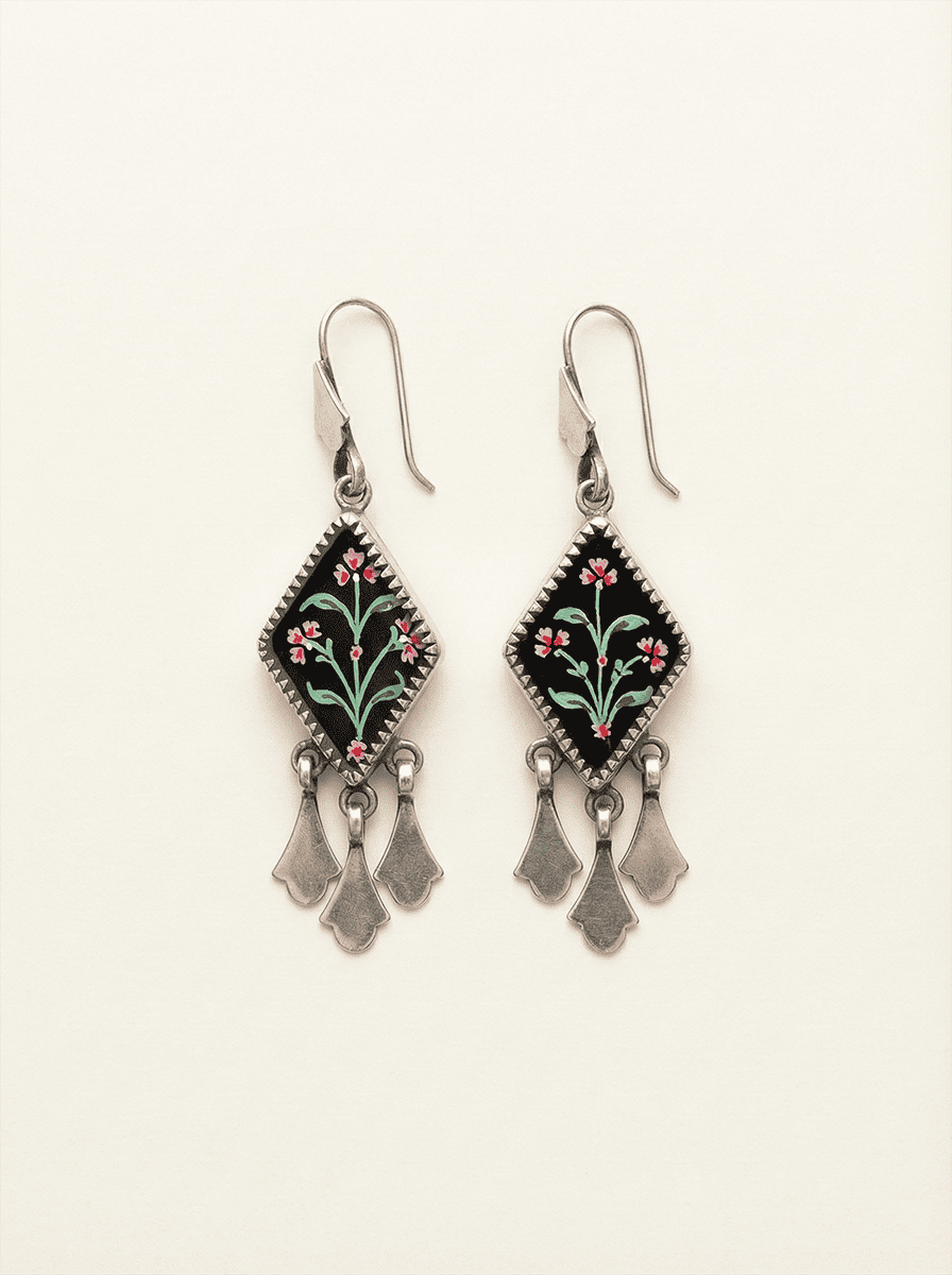 Gul-e-Noor Hand-Painted Floral Rhombus Earrings