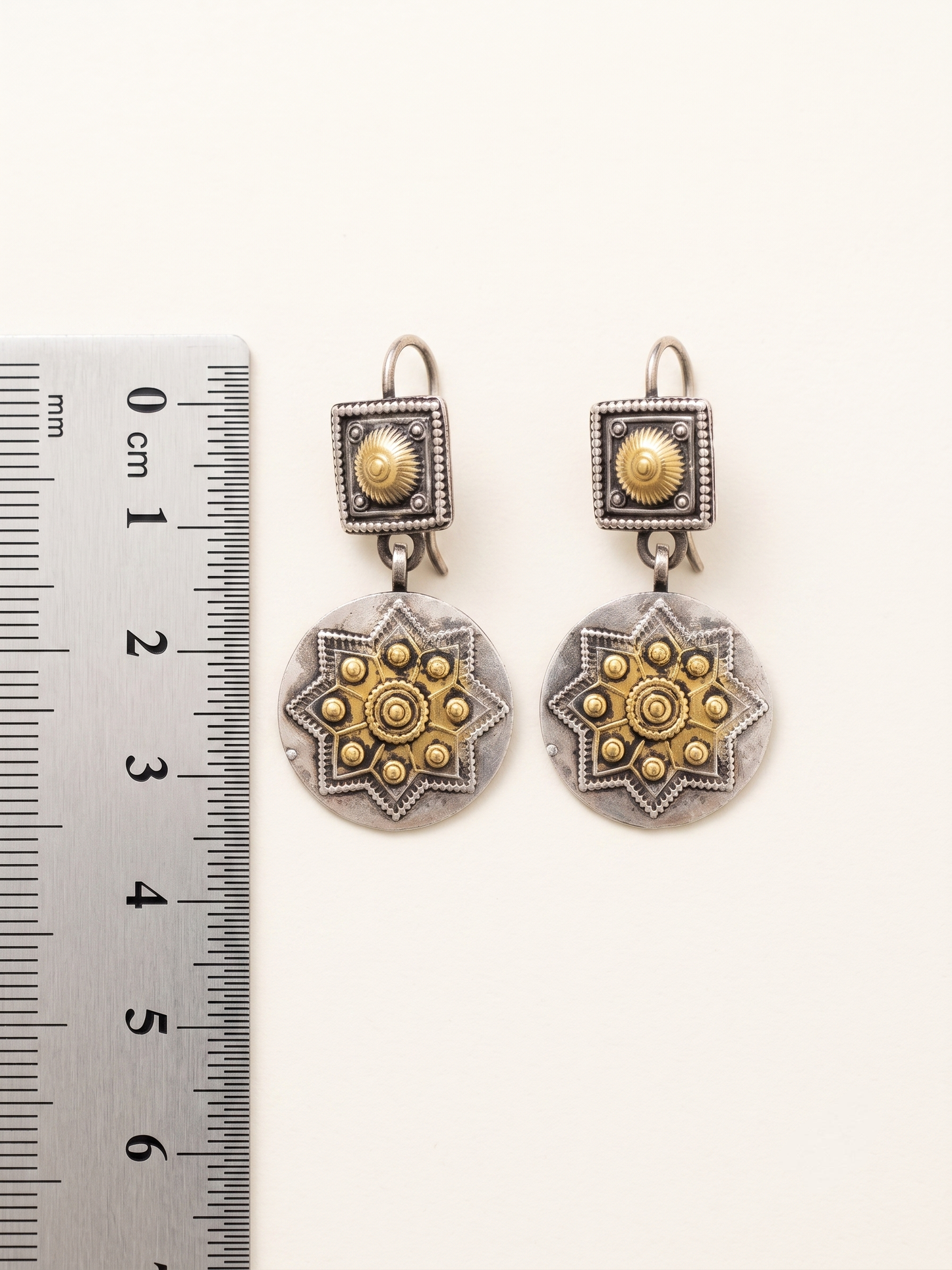 Aurora Antiqued Starburst & Fluted Dome Dangle Earrings