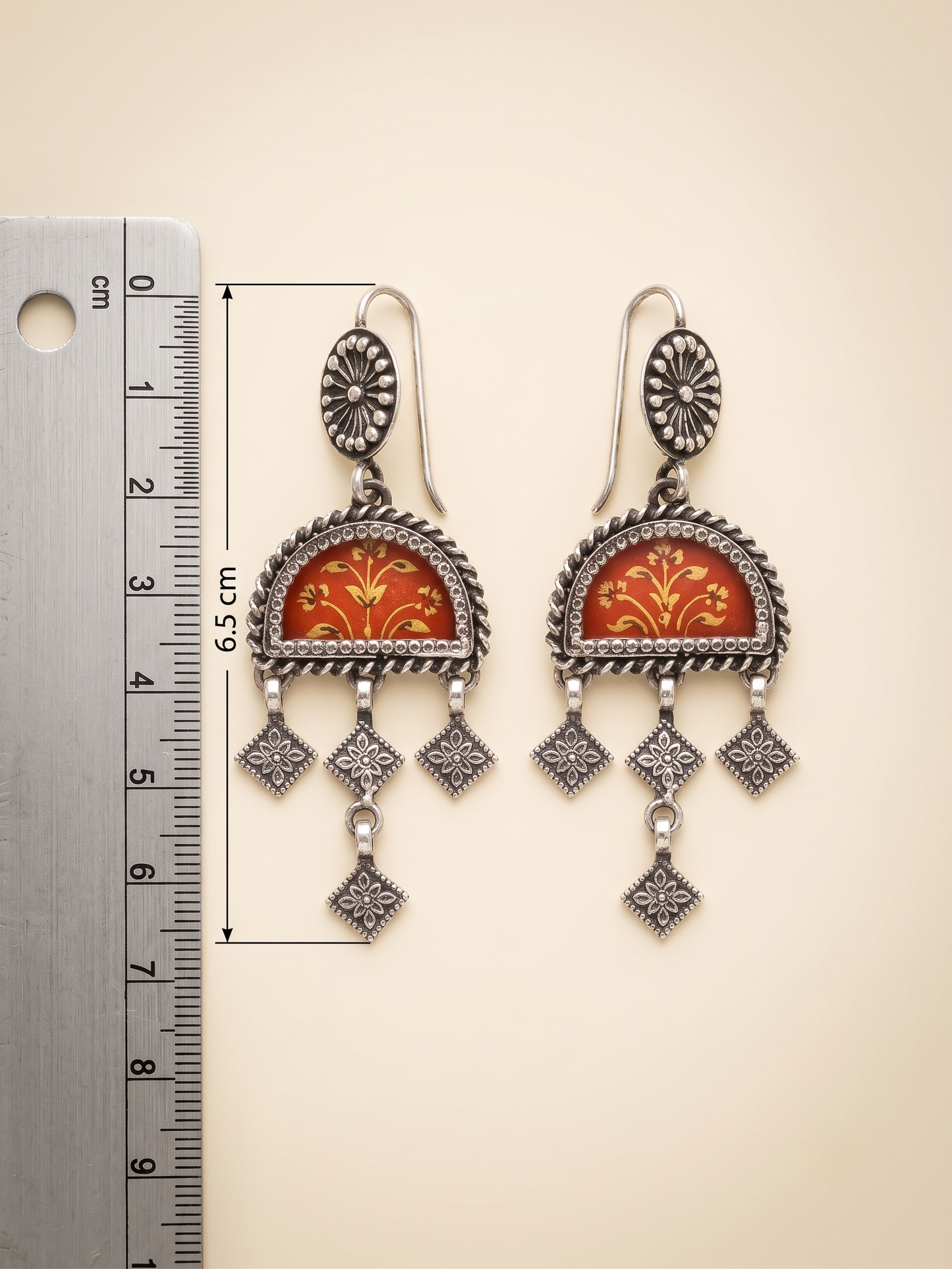 Crimson Vine Hand-Painted Arch Earrings