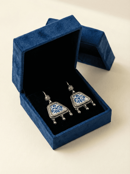 The Cobalt Garden: Hand-Painted Floral Ceramic Silver Drop Earrings