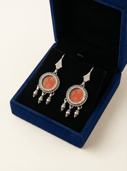 Hand-Painted Crimson Floral Silver Tassel Earrings