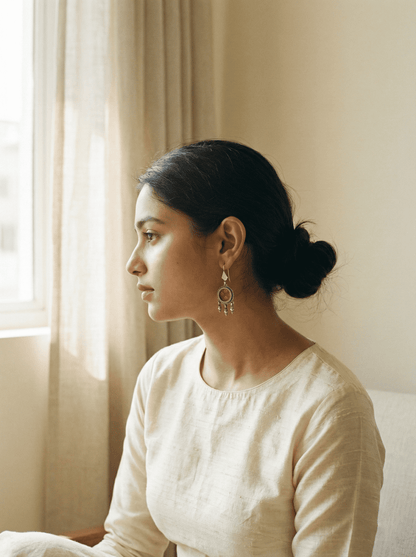 Hand-Painted Crimson Floral Silver Tassel Earrings