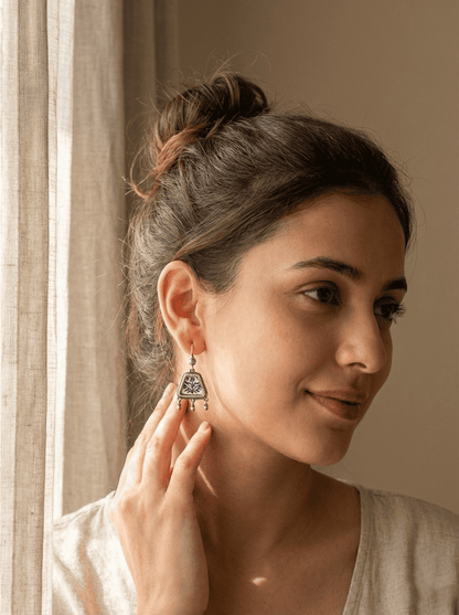 The Cobalt Garden: Hand-Painted Floral Ceramic Silver Drop Earrings