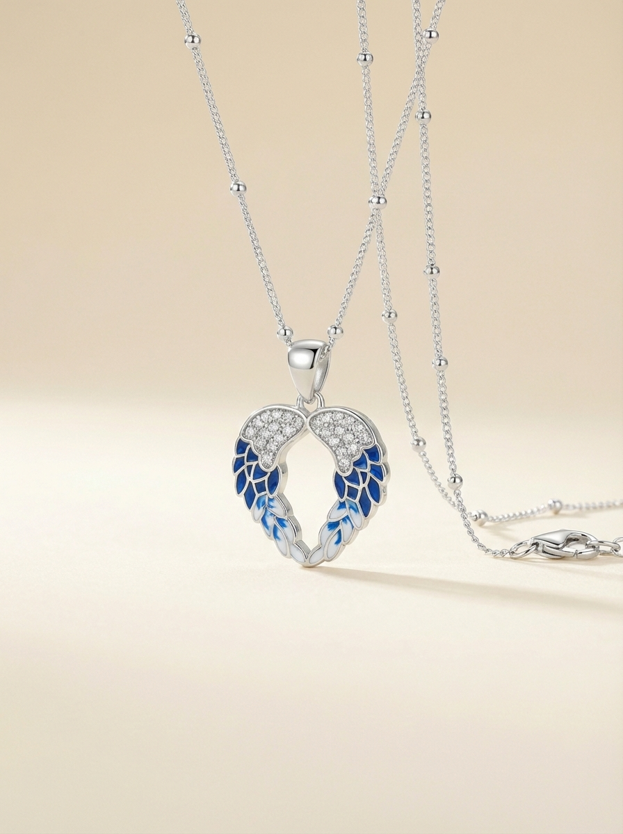 Azure Seraphic Wings Heart Necklace