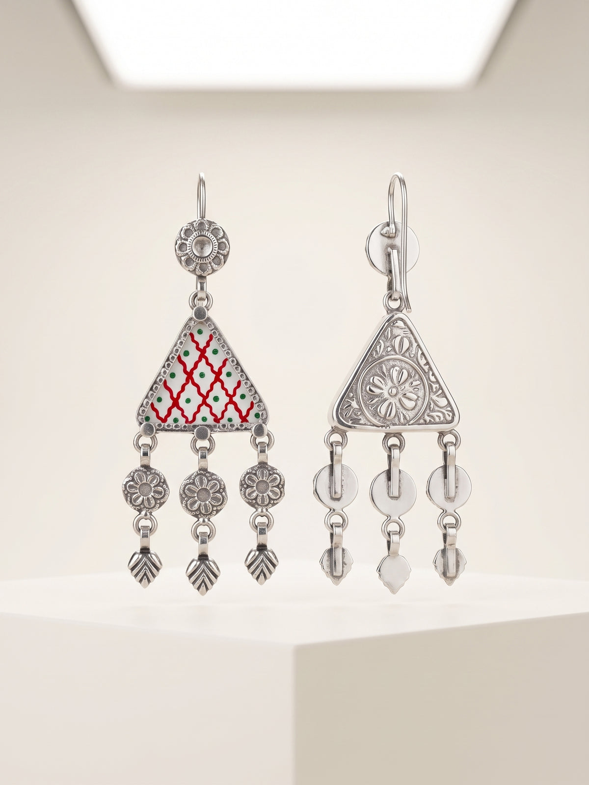Crimson Trellis Hand-Painted Triangular Earrings