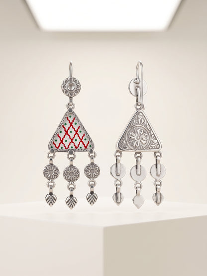 Crimson Trellis Hand-Painted Triangular Earrings