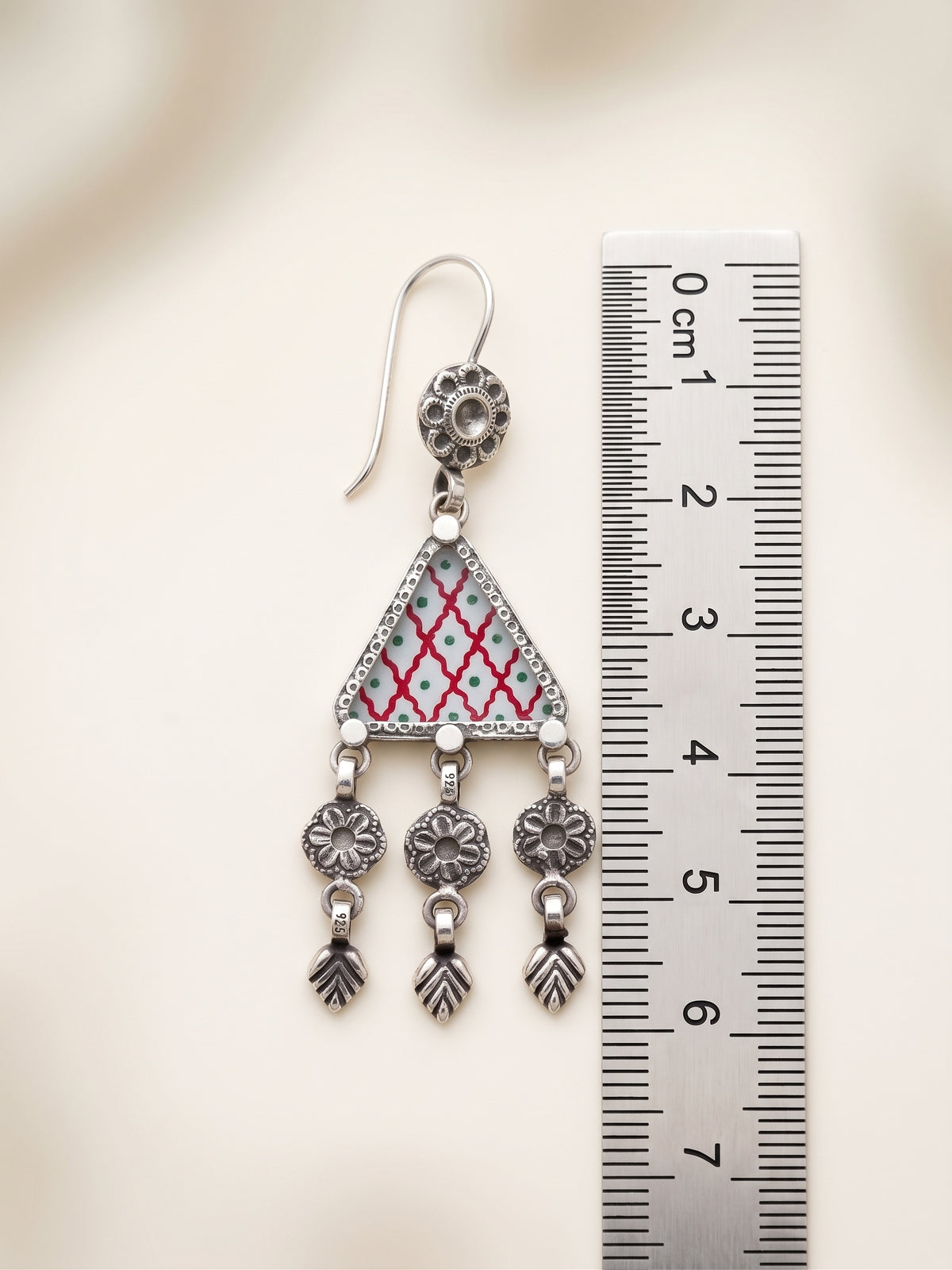 Crimson Trellis Hand-Painted Triangular Earrings
