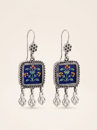 Indigo Bloom Hand-Painted Square Dangle Earrings
