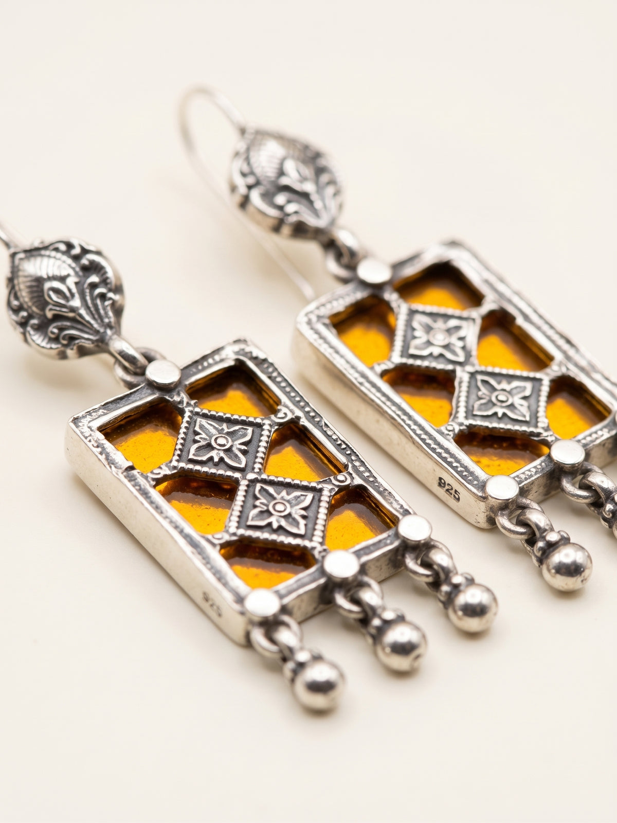 Golden Amber Geometric Lattice Drop Earrings