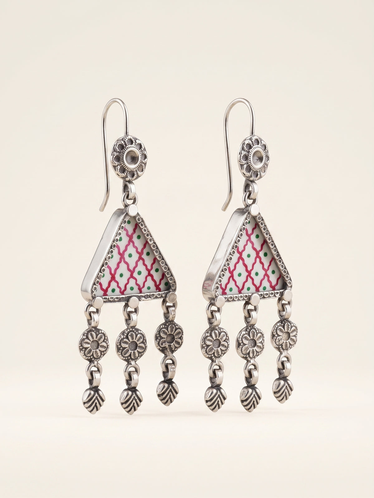 Crimson Trellis Hand-Painted Triangular Earrings