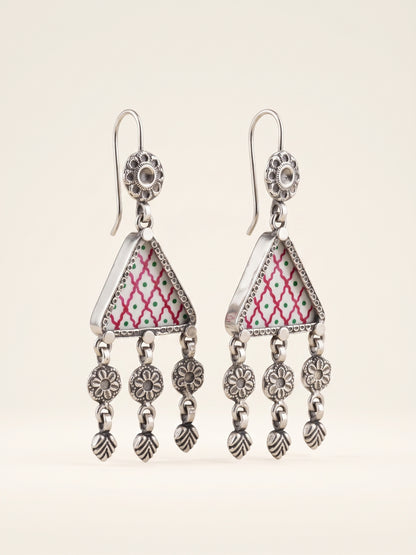 Crimson Trellis Hand-Painted Triangular Earrings