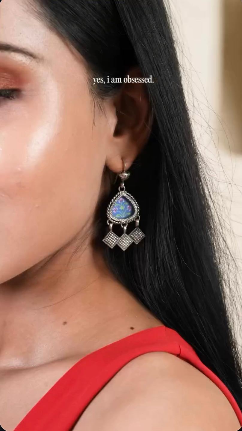 Midnight Flora Hand-Painted Teardrop Dangle Earrings