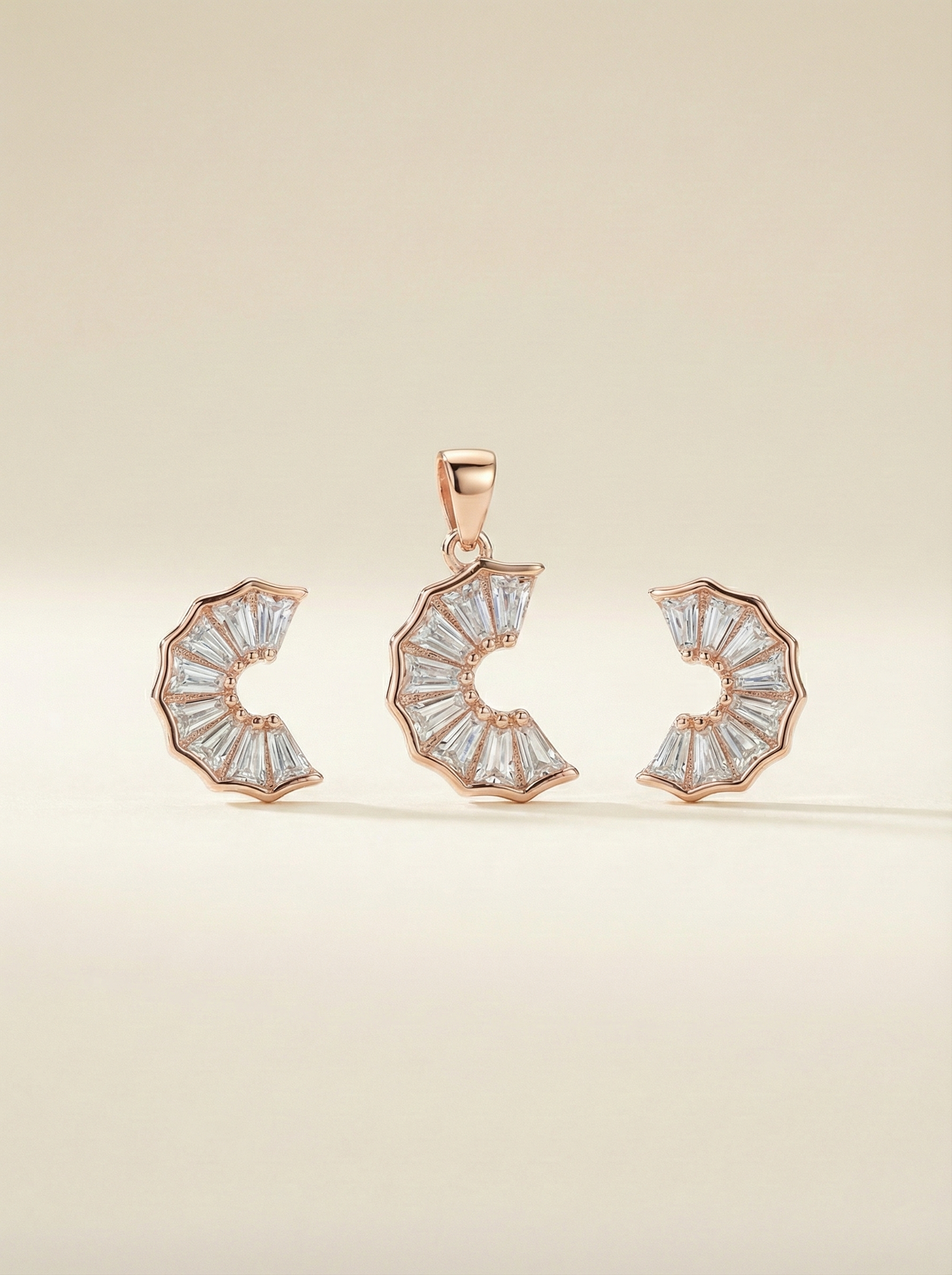 Radiant Rose Gold Pleated Fan Pendant & Earring Set