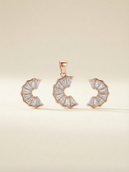 Radiant Rose Gold Pleated Fan Pendant & Earring Set