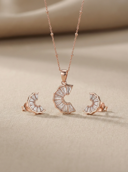 Radiant Rose Gold Pleated Fan Pendant & Earring Set